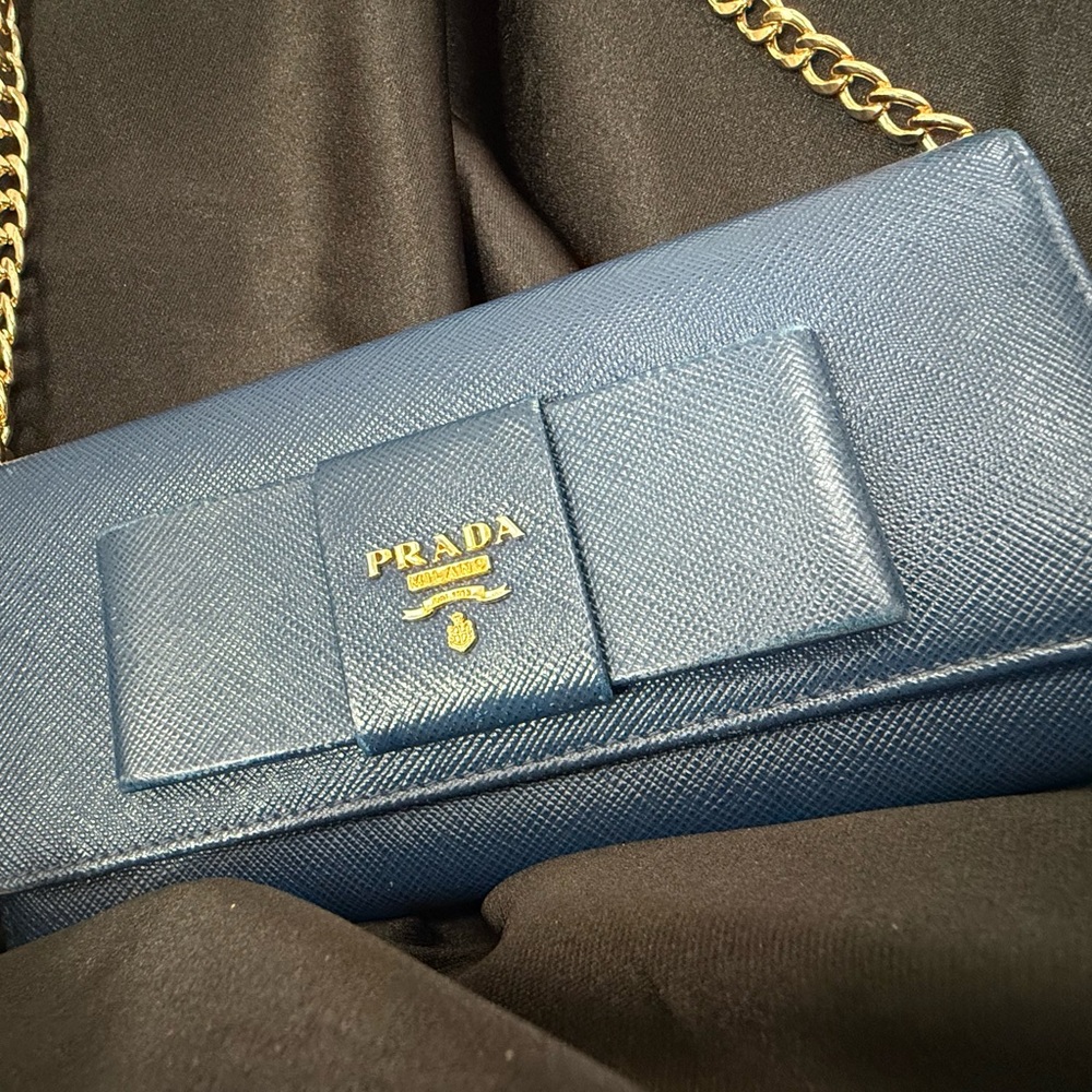 Prada Navy Blue Leather Clutch with Gold Chain